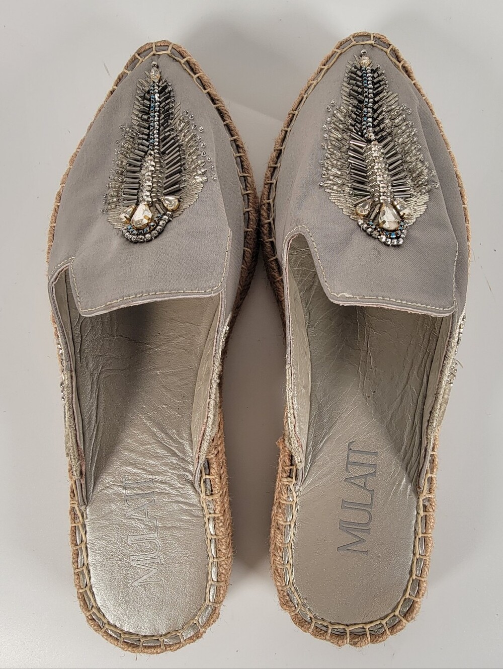 Mulatt Beaded Espadrille Mules In Silver, No Size